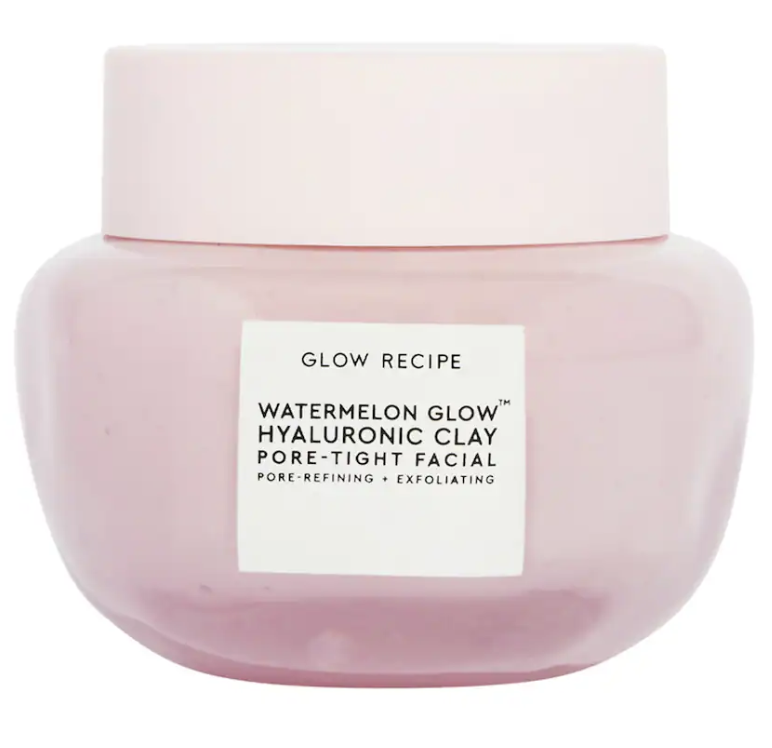 Light pink jar with a minimalist design, highlighting its main ingredients, watermelon extract and hyaluronic acid, aimed at refining pores and exfoliating the skin.